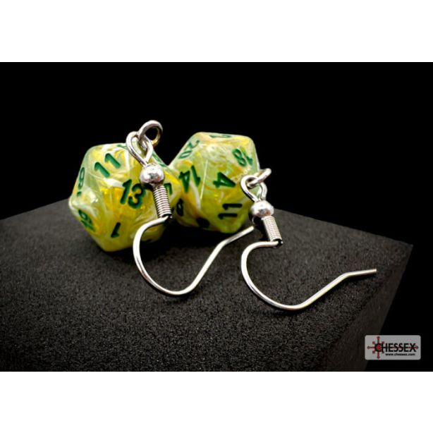 Hook Earrings Marble Green Mini-Poly d20 Pair