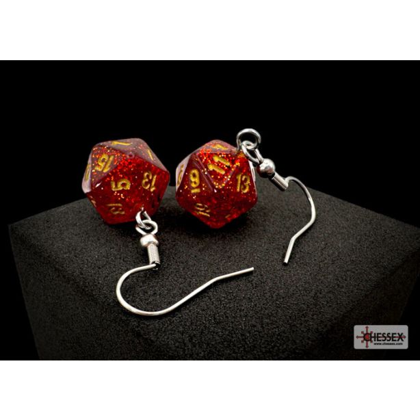 Hook Earrings Glitter Ruby Mini-Poly d20 Pair