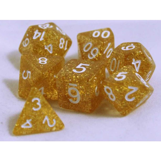 Gul glitter, 7 tärnignar, vit text